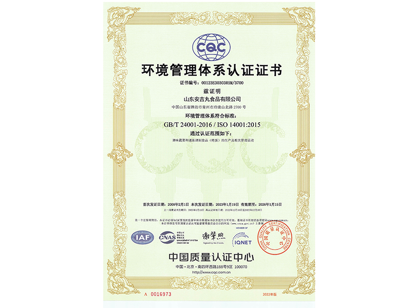 环境管理体系认证证书